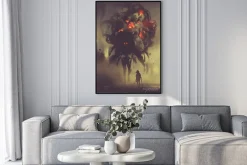 Plakat: Człowiek trzyma miecze bliźniacze stały z olbrzymim dymem potwora,