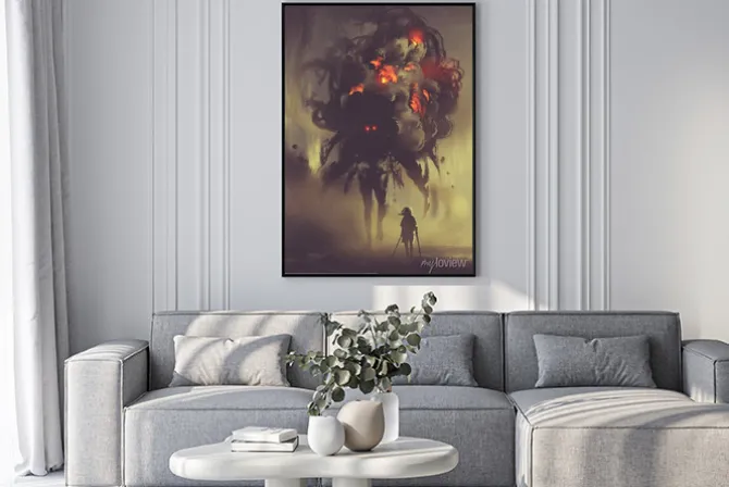 Plakat: Człowiek trzyma miecze bliźniacze stały z olbrzymim dymem potwora,