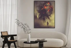 Plakat: Człowiek trzyma miecze bliźniacze stały z olbrzymim dymem potwora,