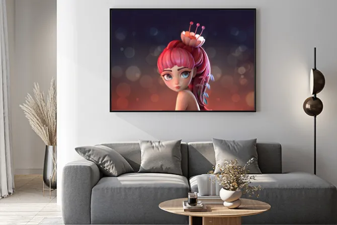 Plakat: 3d digital illustration of red-haired flower girl with big blue