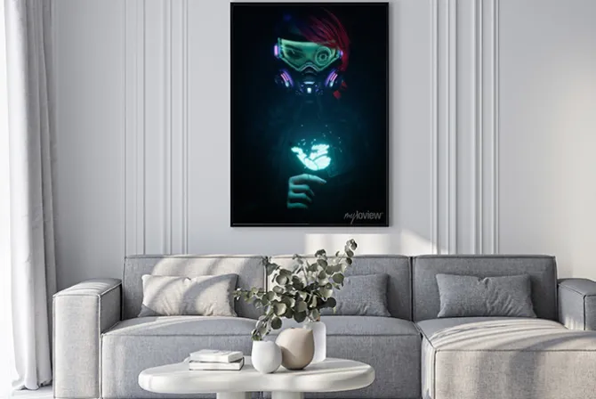 Plakat: 3d illustration of a cyberpunk girl in futuristic gas mask with