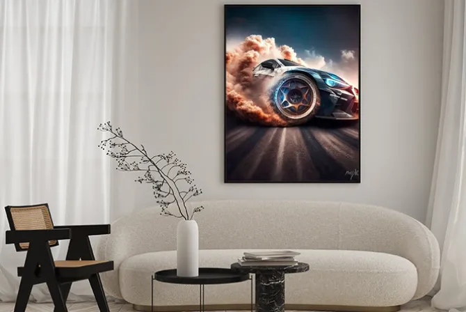 Plakat: 3d rendering , sport car raceing on race track , car wheel drifting