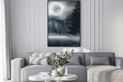 Plakat: Dark abstract winter forest background. wooden floor, snow, fog.