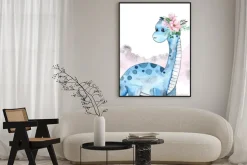 Plakat: Dinozaur z kwiatami malowany akwarelami