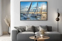 Plakat: Łódki na morzu o zachodzie słońca