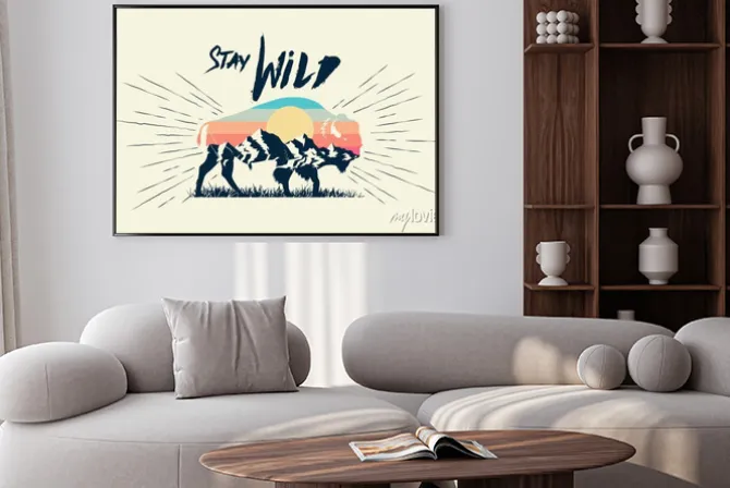 Plakat: Double exposure effect buffalo bison silhouette with mountains