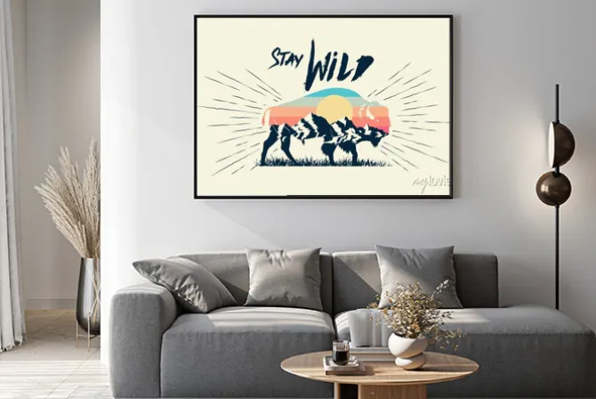 Plakat: Double exposure effect buffalo bison silhouette with mountains