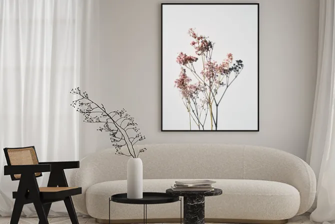 Plakat: Dried wild flowers on white table background top view.