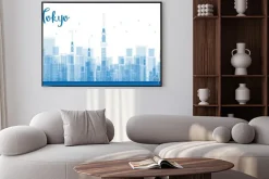 Plakat: Drzewo tokyo city wieżowce w kolorze niebieskim.