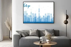 Plakat: Drzewo tokyo city wieżowce w kolorze niebieskim.