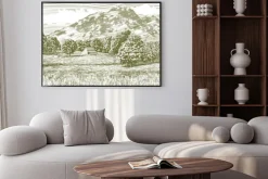 Plakat: Drzeworyt styl ilustracji z farmy i stodole z góry w tle.