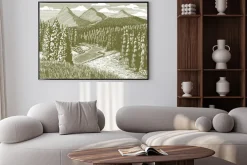 Plakat: Drzeworyt stylu ilustracji górski krajobraz z strumienia poprzez