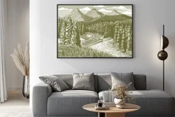 Plakat: Drzeworyt stylu ilustracji górski krajobraz z strumienia poprzez