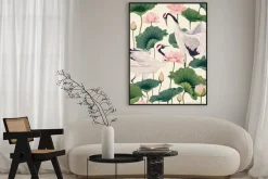 Plakat: Dwa japońskie żurawie i różowy lotos