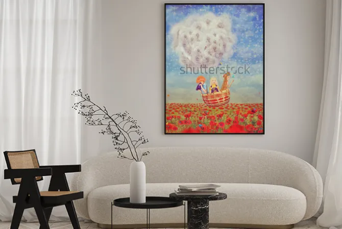 Plakat: Dzieci w balonie z dmuchawców nad polem maków