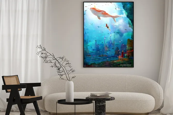 Plakat: Dziecięca ilustracja głębiny morza z wielorybem