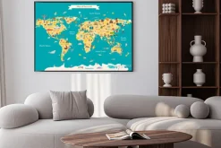 Plakat: Dziecięca mapa świata z zabytkami i zwierzętami