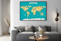 Plakat: Dziecięca mapa świata z zabytkami i zwierzętami