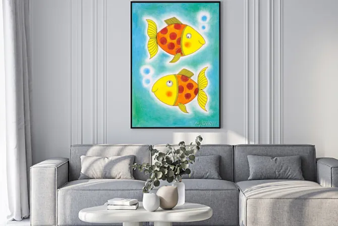 Plakat: Dziecięcy rysunek dwóch złotych rybek