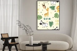 Plakat: Dziecięcy wzór safari z lwem zebrą i żyrafą
