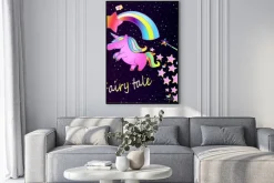 Plakat: Dziecko plakat ładny różowy jednorożca z tęczy na piękne tło