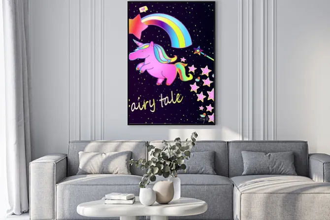 Plakat: Dziecko plakat ładny różowy jednorożca z tęczy na piękne tło