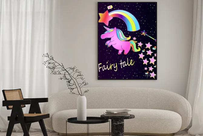 Plakat: Dziecko plakat ładny różowy jednorożca z tęczy na piękne tło