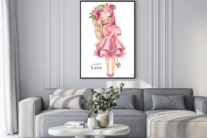 Plakat: Dziewczyna w różowej sukience z flamingiem