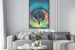 Plakat: Dziewczyna z czerwonym parasolem sprawia, że wirująca woda