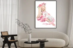 Plakat: Dziewczynka z jednorożcem i różową koroną z kwiatów