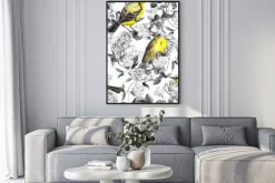 Plakat: Dzikie kwiaty łąkowe i ptaki. akwarela. neutralny wzór w monochromatycznych