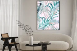 Plakat: Egzotyczne liście na jasnym różowym tle