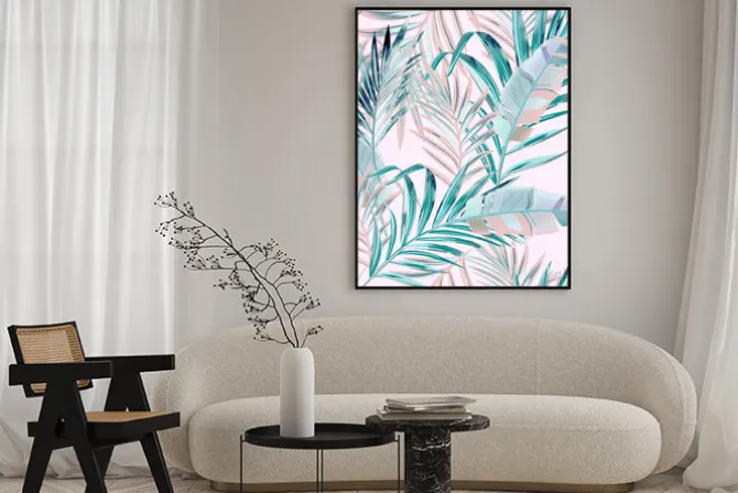 Plakat: Egzotyczne liście na jasnym różowym tle