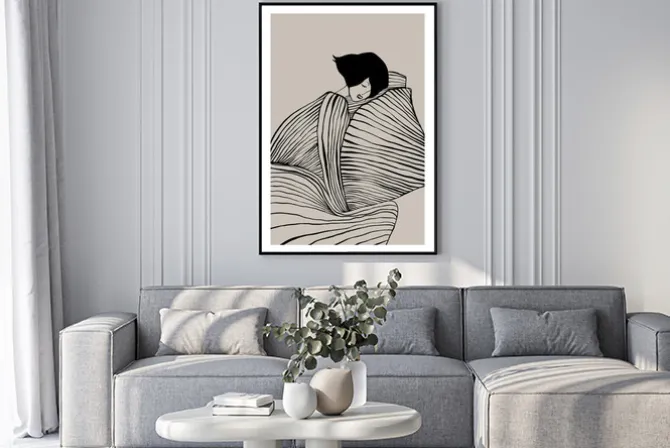 Plakat: Elegancka kobieta w paskowanej sukience delikatny rysunek