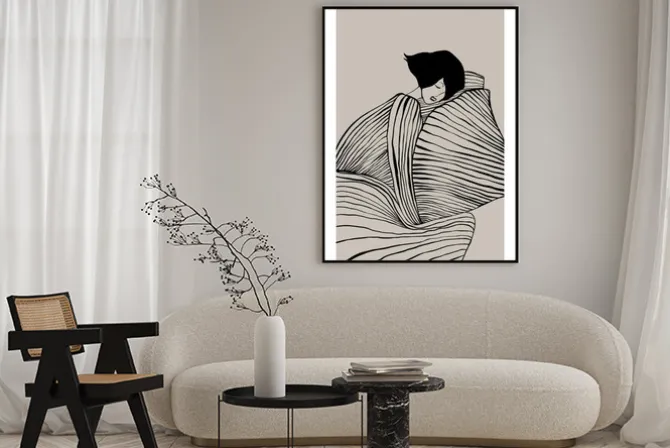 Plakat: Elegancka kobieta w paskowanej sukience delikatny rysunek