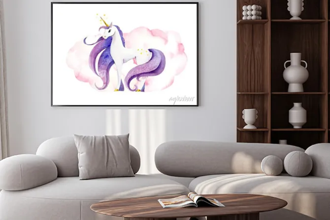 Plakat: Fantastic animal - unicorn in pink clouds/ watercolor hand drawn