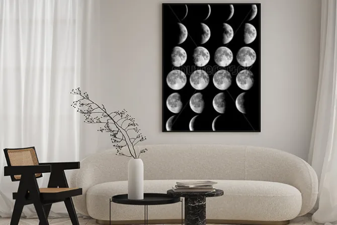 Plakat: Fazy księżyca na czarnym tle