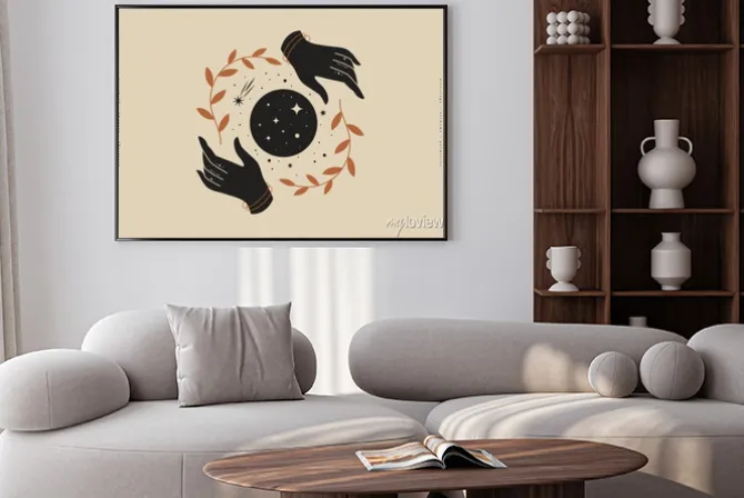 Plakat: Female hands hold branches around the shimmering moon. magic