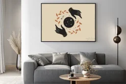 Plakat: Female hands hold branches around the shimmering moon. magic