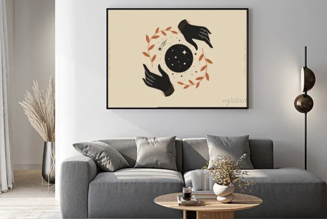 Plakat: Female hands hold branches around the shimmering moon. magic