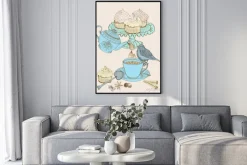 Plakat: Filiżanka herbaty z babeczkami i ptakiem vintage