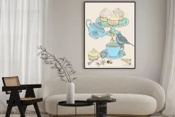 Plakat: Filiżanka herbaty z babeczkami i ptakiem vintage