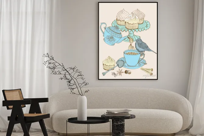 Plakat: Filiżanka herbaty z babeczkami i ptakiem vintage