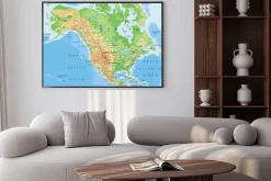 Plakat: Fizyczna mapa ameryki północnej z nazwami