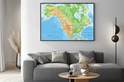 Plakat: Fizyczna mapa ameryki północnej z nazwami