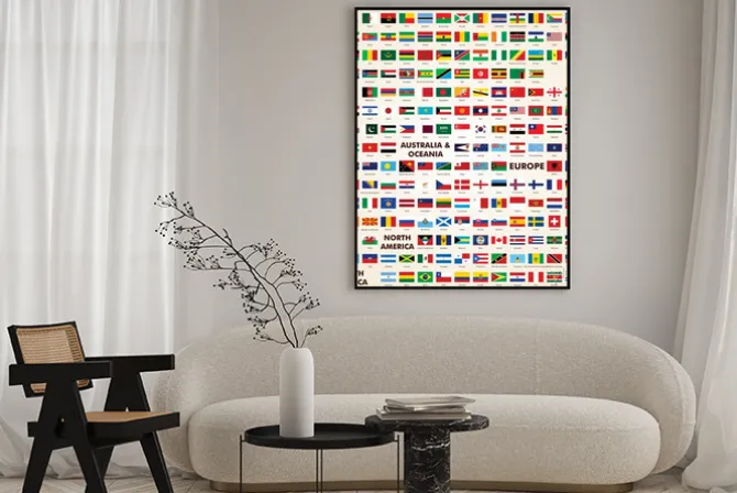 Plakat: Flagi państw świata z podziałem na kontynenty