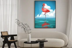 Plakat: Flamigo stojących na morzu przed latem błękitne niebo z cyfrowego