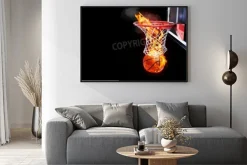 Plakat: Flaming basketball going through a court net room for text or