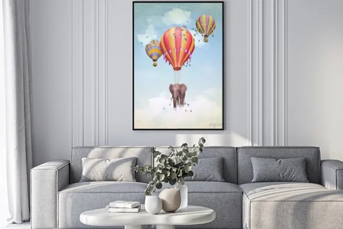Plakat: Flying elephant in the sky with balloons. illustration. computer