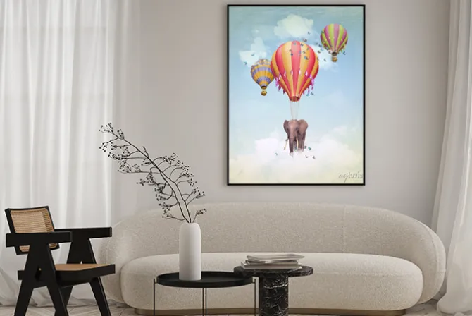 Plakat: Flying elephant in the sky with balloons. illustration. computer